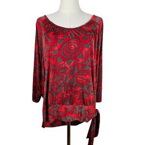 Clara Sunwoo Top XL Red & Gray Abstract Print, Side Tie Maximalism